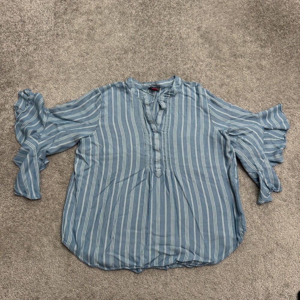 Vince Camuto Striped Blouse Women Large Blue V-Neck Flutter Ruffle Sleeve Casual